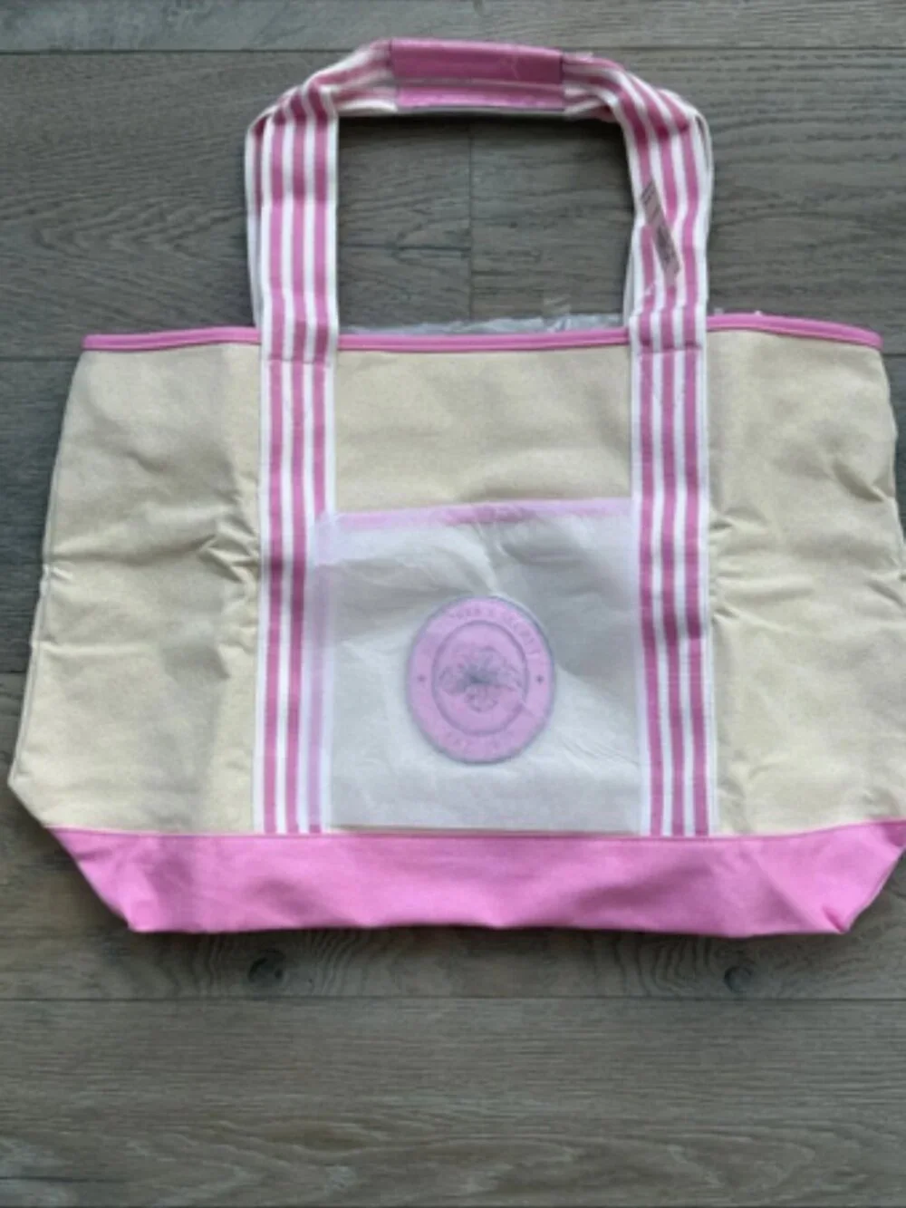 Victorias Secret Double Handle Canvas Tote 2026- Tan/White/Pink - NWT